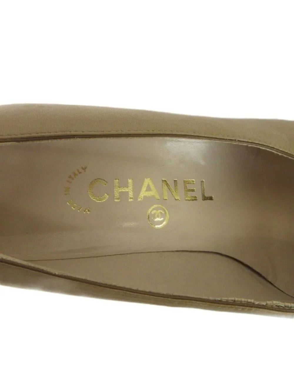 Chanel Pumps Leather Pointed Toe Middle Heels CC Logo Beige